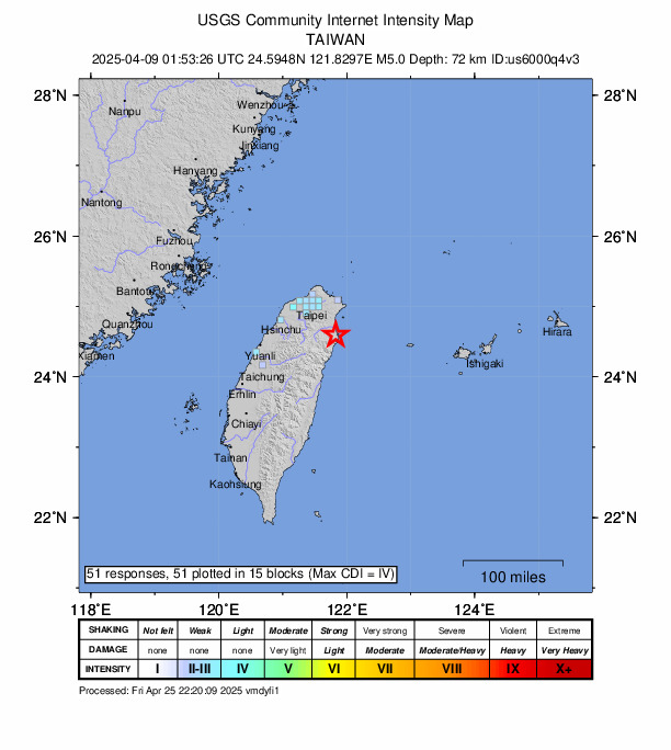 USGS DYFI community-reported intensity map for the M5.0 earthquake near 23 km SSE of Yilan, Taiwan