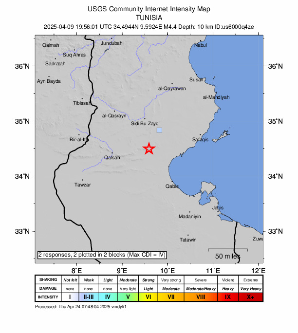 USGS DYFI community-reported intensity map for the M4.4 earthquake near 24 km WSW of Mezzouna, Tunisia