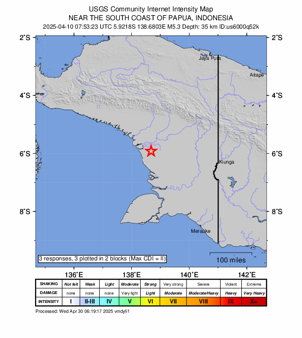 USGS DYFI community-reported intensity map for the M5.3 earthquake near 73 km SE of Agats, Indonesia