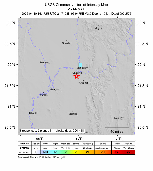 USGS DYFI community-reported intensity map for the M3.9 earthquake near 17 km S of Sagaing, Burma (Myanmar)