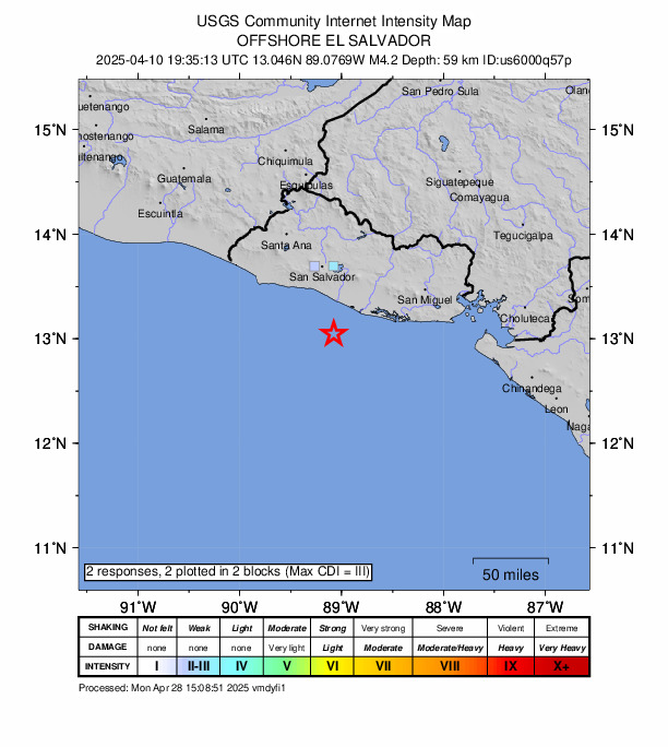 USGS DYFI community-reported intensity map for the M4.2 earthquake near 50 km S of El Rosario, El Salvador