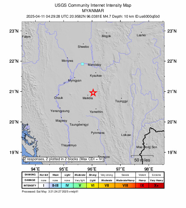 USGS DYFI community-reported intensity map for the M4.7 earthquake near 20 km ENE of Meiktila, Burma (Myanmar)