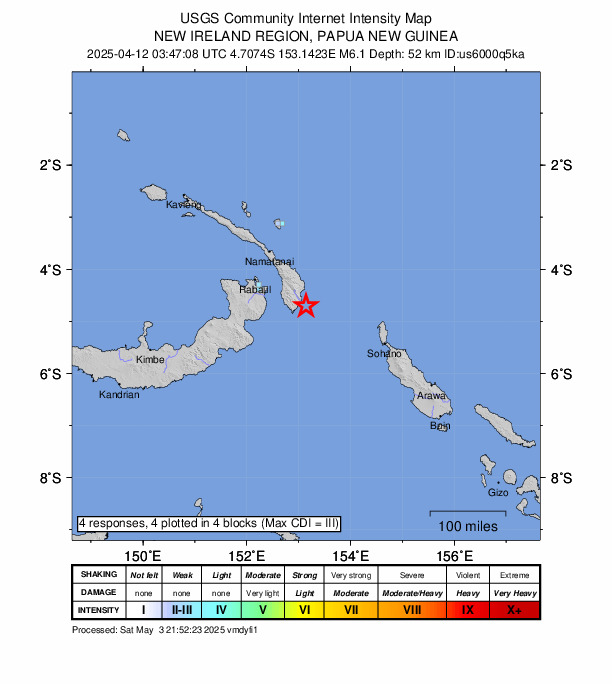 USGS DYFI community-reported intensity map for the M6.1 earthquake near 104 km ESE of Kokopo, Papua New Guinea