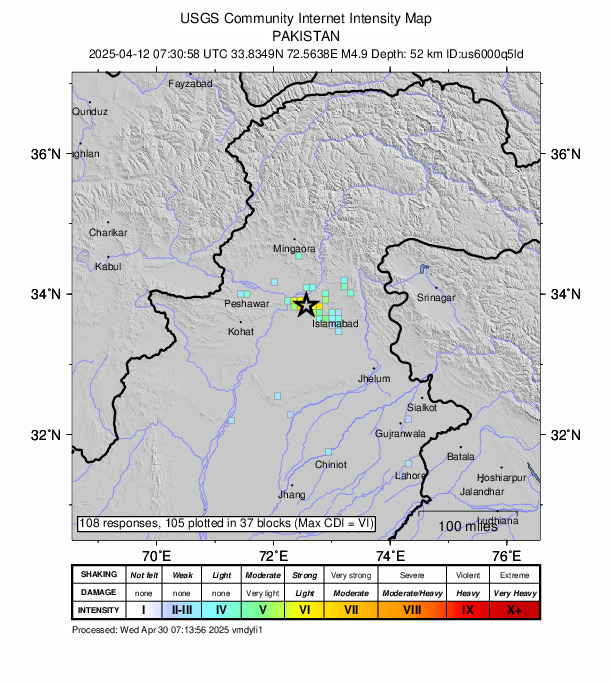 USGS DYFI community-reported intensity map for the M4.9 earthquake near 10 km SE of Hazro City, Pakistan
