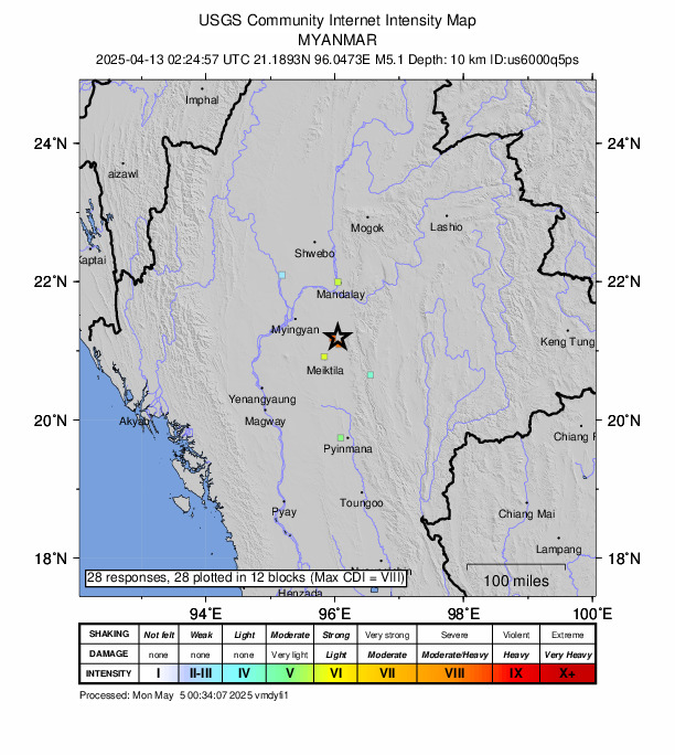 USGS DYFI community-reported intensity map for the M5.3 earthquake near 41 km S of Kyaukse, Burma (Myanmar)