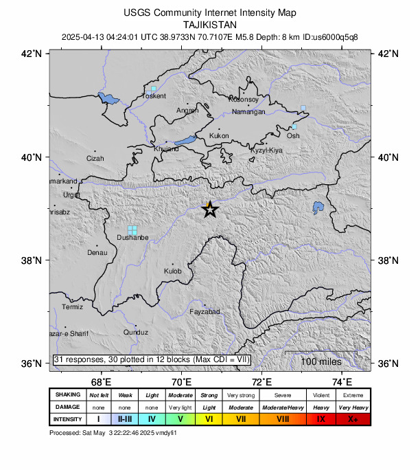 USGS DYFI community-reported intensity map for the M5.8 earthquake near 42 km ESE of Rasht, Tajikistan