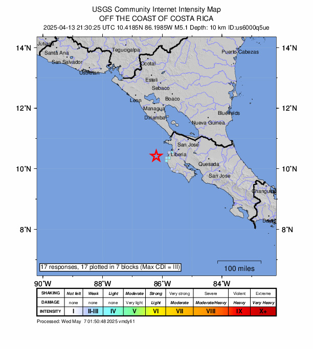 USGS DYFI community-reported intensity map for the M5.1 earthquake near 41 km WNW of Tamarindo, Costa Rica