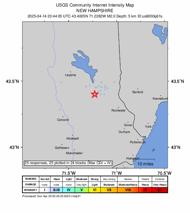 USGS DYFI community-reported intensity map for the M2.0 earthquake near 5 km S of Alton, New Hampshire