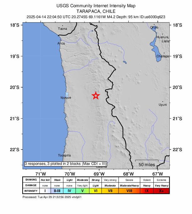 USGS DYFI community-reported intensity map for the M4.2 earthquake near 56 km E of La Tirana, Chile