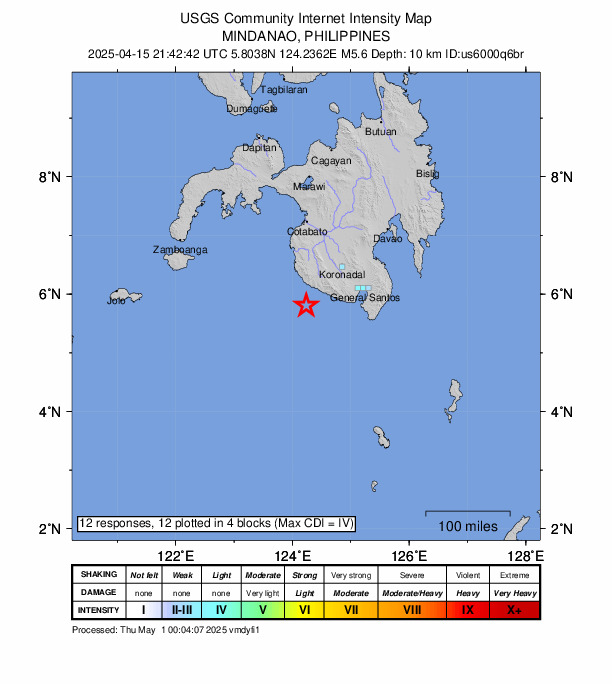 USGS DYFI community-reported intensity map for the M5.6 earthquake near 37 km SSW of Maguling, Philippines