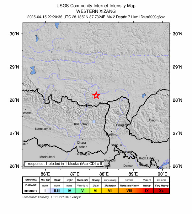 USGS DYFI community-reported intensity map for the M4.2 earthquake near 89 km NE of Khā̃dbāri̇̄, Nepal