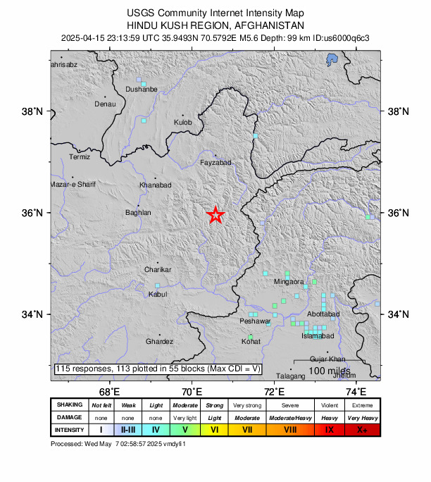 USGS DYFI community-reported intensity map for the M5.6 earthquake near 66 km NNW of Pārūn, Afghanistan