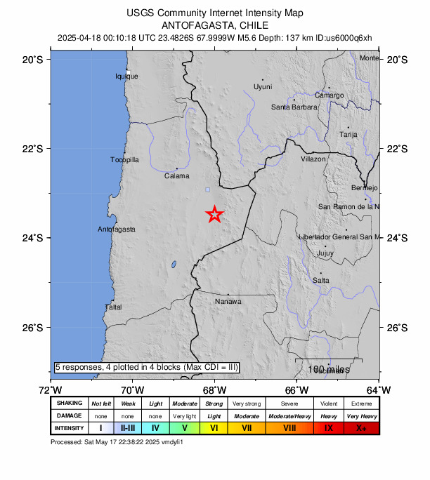 USGS DYFI community-reported intensity map for the M5.6 earthquake near 66 km SSE of San Pedro de Atacama, Chile