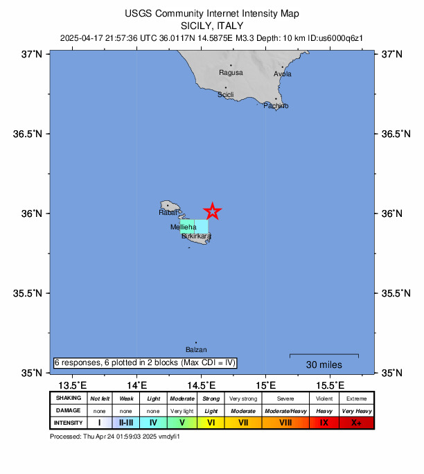 USGS DYFI community-reported intensity map for the M3.3 earthquake near 13 km NE of Sliema, Malta