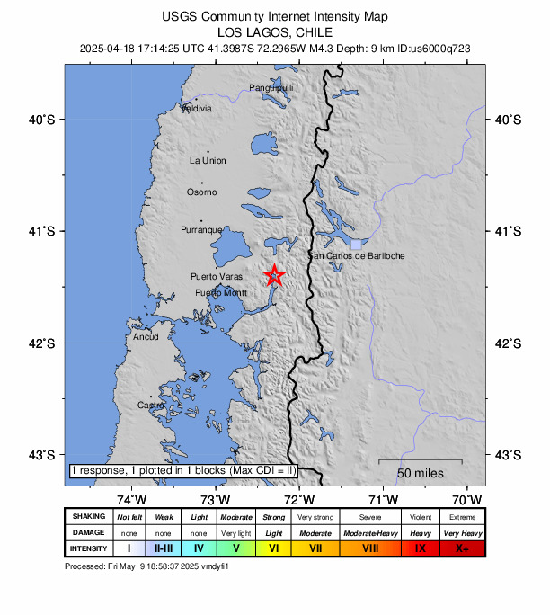 USGS DYFI community-reported intensity map for the M4.3 earthquake near 29 km SE of La Ensenada, Chile