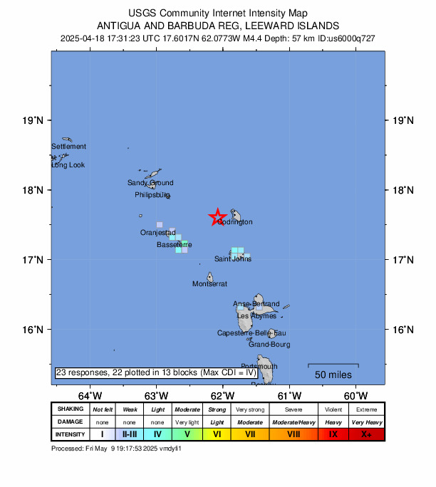 USGS DYFI community-reported intensity map for the M4.4 earthquake near 27 km W of Codrington, Antigua and Barbuda