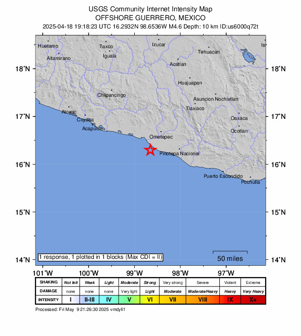 USGS DYFI community-reported intensity map for the M4.6 earthquake near 19 km WSW of Montecillos, Mexico