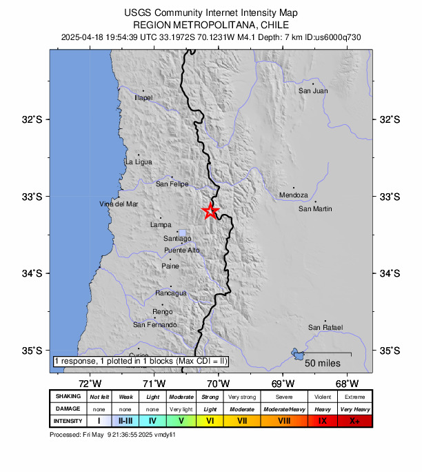 USGS DYFI community-reported intensity map for the M4.1 earthquake near 50 km E of Chicureo Abajo, Chile