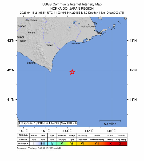 USGS DYFI community-reported intensity map for the M4.2 earthquake near 85 km ESE of Hiroo, Japan
