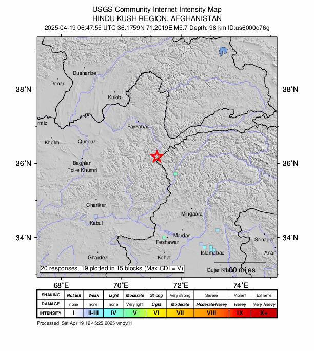 USGS DYFI community-reported intensity map for the M5.7 earthquake near 58 km SSW of Ashkāsham, Afghanistan