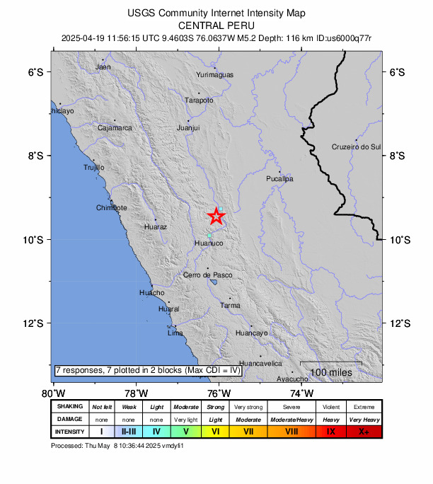 USGS DYFI community-reported intensity map for the M4.9 earthquake near 23 km SW of Tingo María, Peru