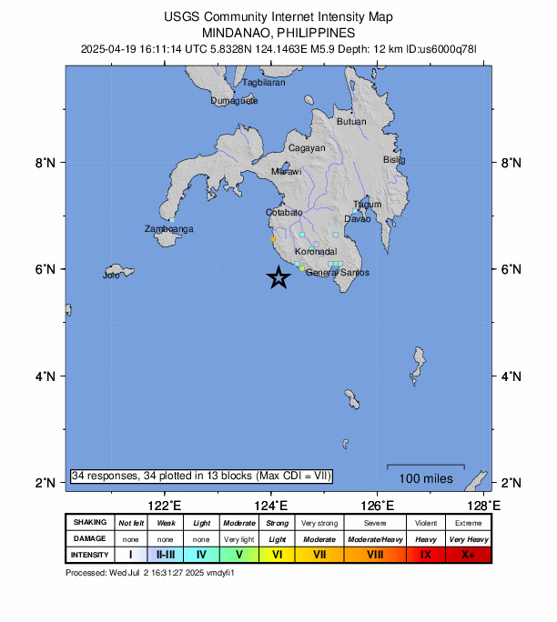 USGS DYFI community-reported intensity map for the M5.9 earthquake near 39 km SW of Malisbeng, Philippines
