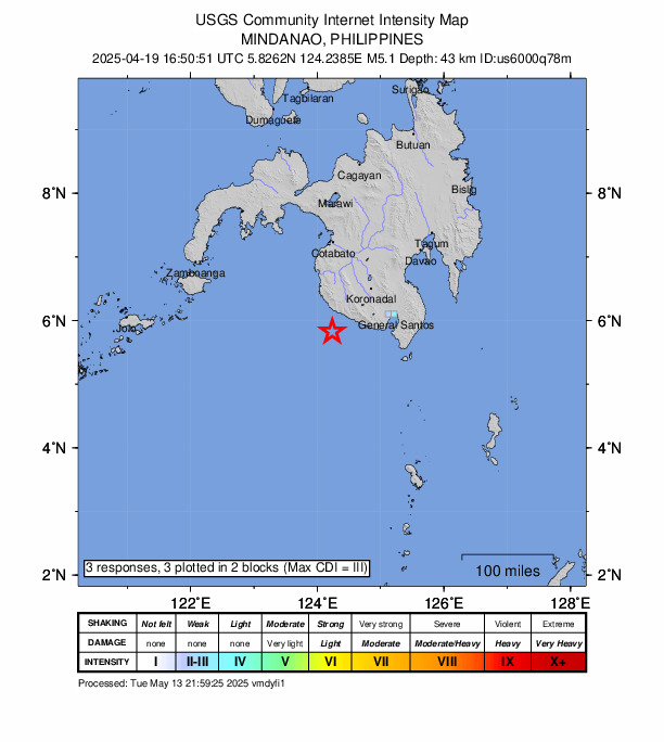USGS DYFI community-reported intensity map for the M5.1 earthquake near 32 km SSW of Malisbeng, Philippines