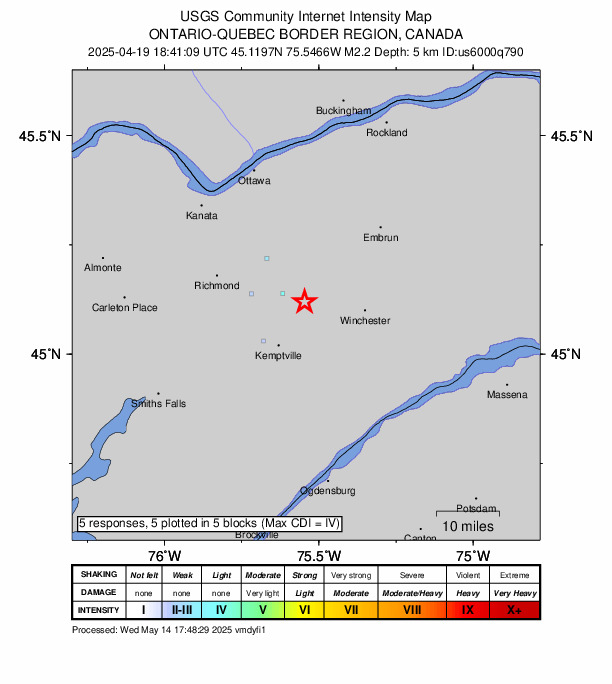 USGS DYFI community-reported intensity map for the M2.2 earthquake near 5 km SE of Osgoode, Canada