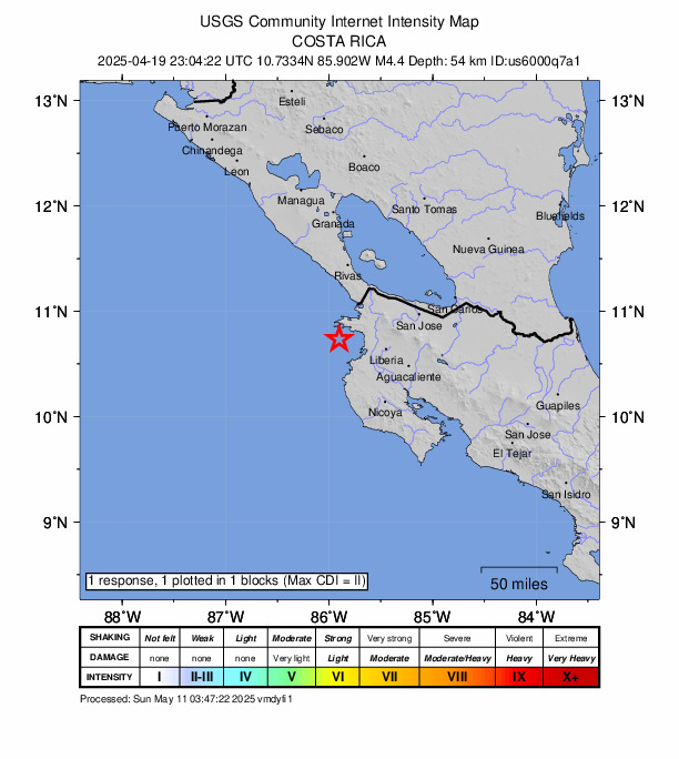 USGS DYFI community-reported intensity map for the M4.4 earthquake near 36 km NW of Sardinal, Costa Rica
