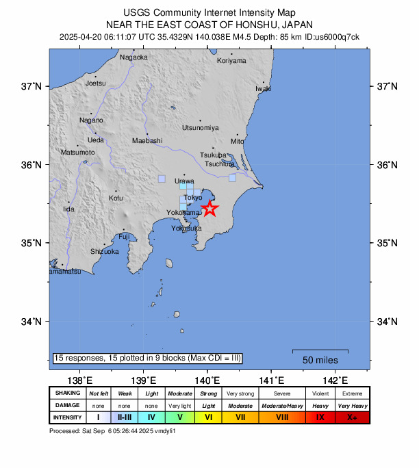 USGS DYFI community-reported intensity map for the M4.5 earthquake near 10 km SSW of Ichihara, Japan