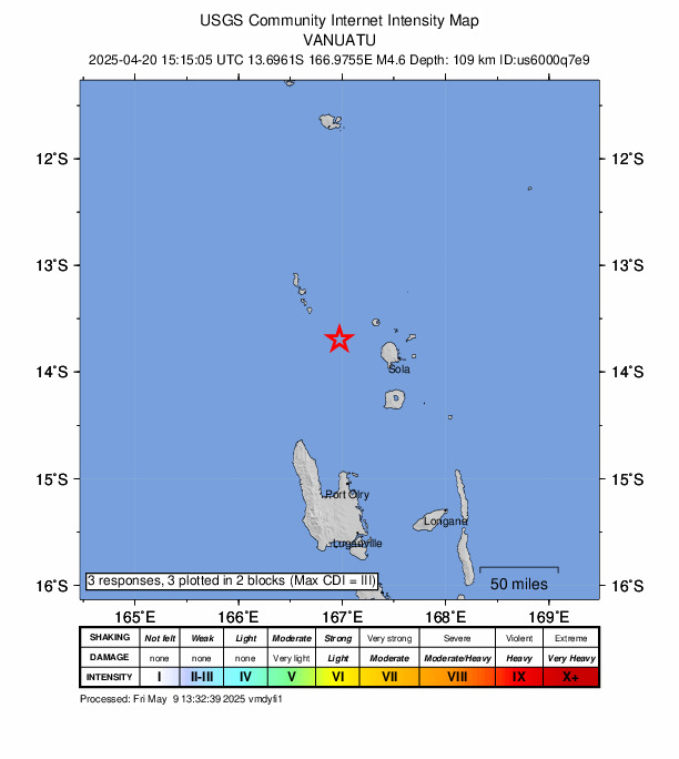 USGS DYFI community-reported intensity map for the M4.6 earthquake near 65 km WNW of Sola, Vanuatu