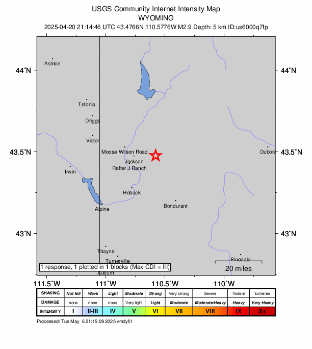 USGS DYFI community-reported intensity map for the M2.9 earthquake near 14 km E of Jackson, Wyoming