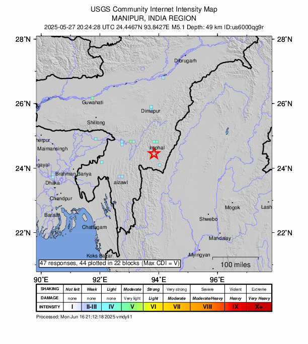 USGS DYFI community-reported intensity map for the M5.1 earthquake near 8 km SE of Moirāng, India