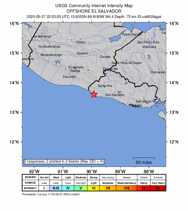 USGS DYFI community-reported intensity map for the M4.4 earthquake near 9 km W of Acajutla, El Salvador