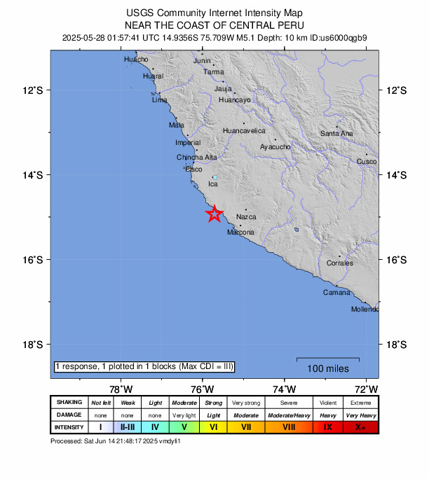 USGS DYFI community-reported intensity map for the M5.1 earthquake near 64 km WSW of Changuillo, Peru