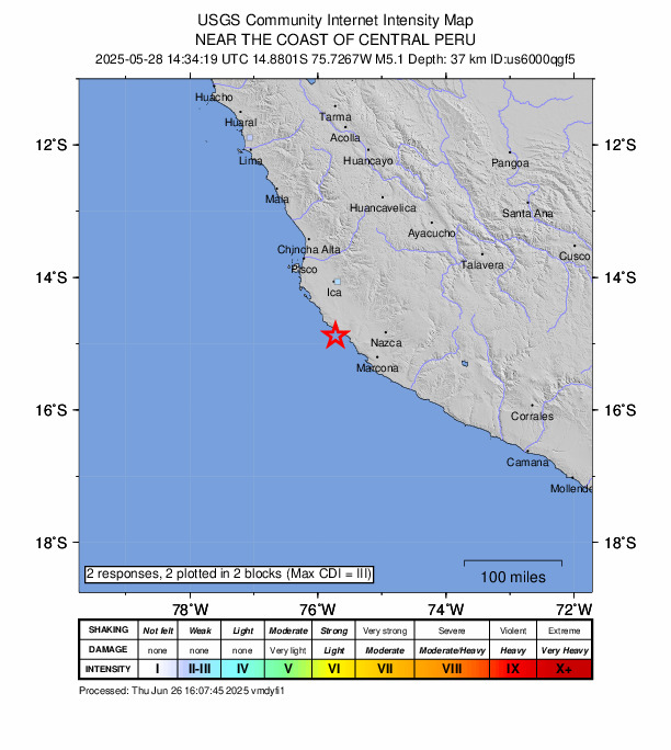 USGS DYFI community-reported intensity map for the M5.1 earthquake near 59 km WSW of Changuillo, Peru
