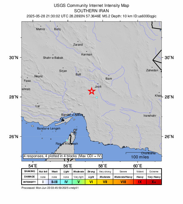 USGS DYFI community-reported intensity map for the M5.0 earthquake near 125 km SSE of Kūh Sefīd, Iran