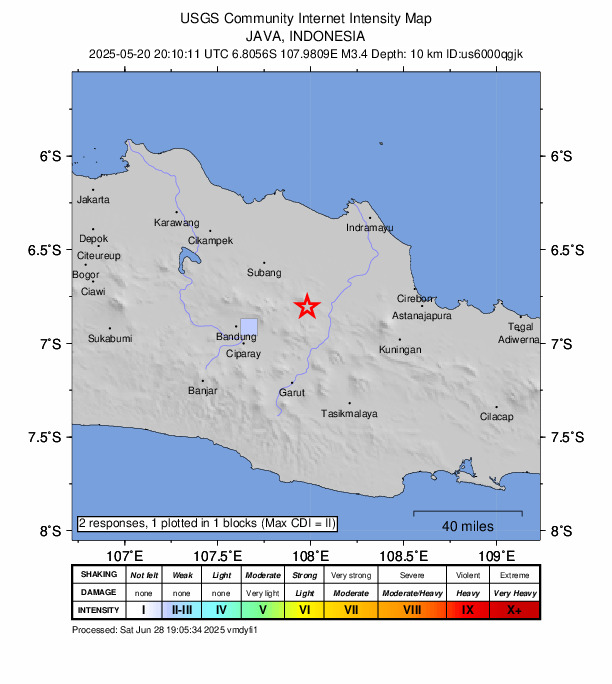 USGS DYFI community-reported intensity map for the M3.4 earthquake near 8 km NE of Sumedang Utara, Indonesia
