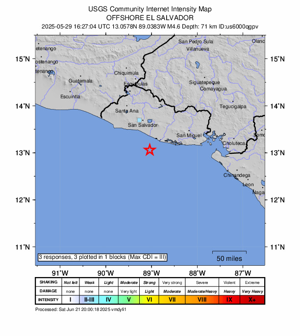 USGS DYFI community-reported intensity map for the M4.6 earthquake near 48 km S of El Rosario, El Salvador