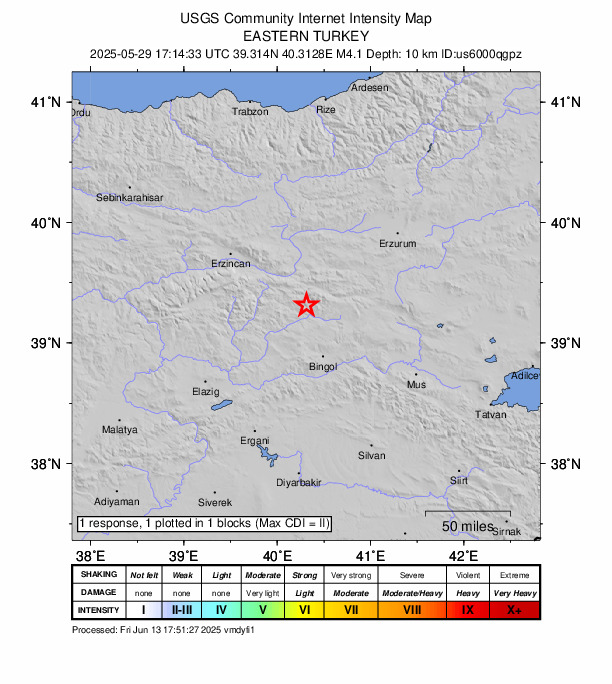 USGS DYFI community-reported intensity map for the M4.1 earthquake near 23 km ENE of Yayladere, Turkey