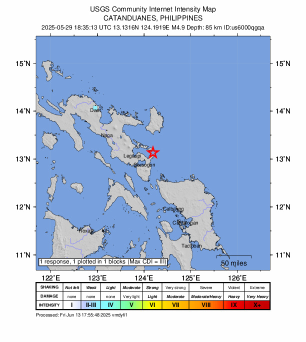 USGS DYFI community-reported intensity map for the M4.9 earthquake near 9 km SE of Rapu-Rapu, Philippines