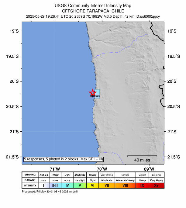 USGS DYFI community-reported intensity map for the M3.5 earthquake near 5 km WSW of Puerto, Chile