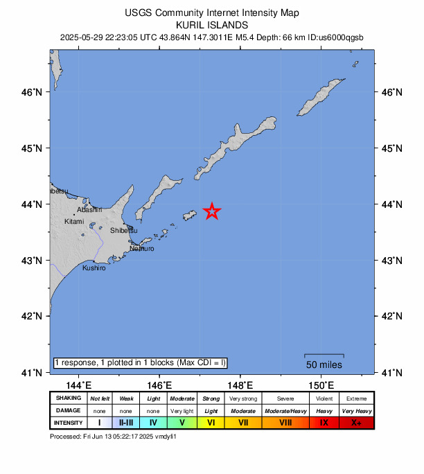 USGS DYFI community-reported intensity map for the M5.4 earthquake near 49 km E of Shikotan, Russia