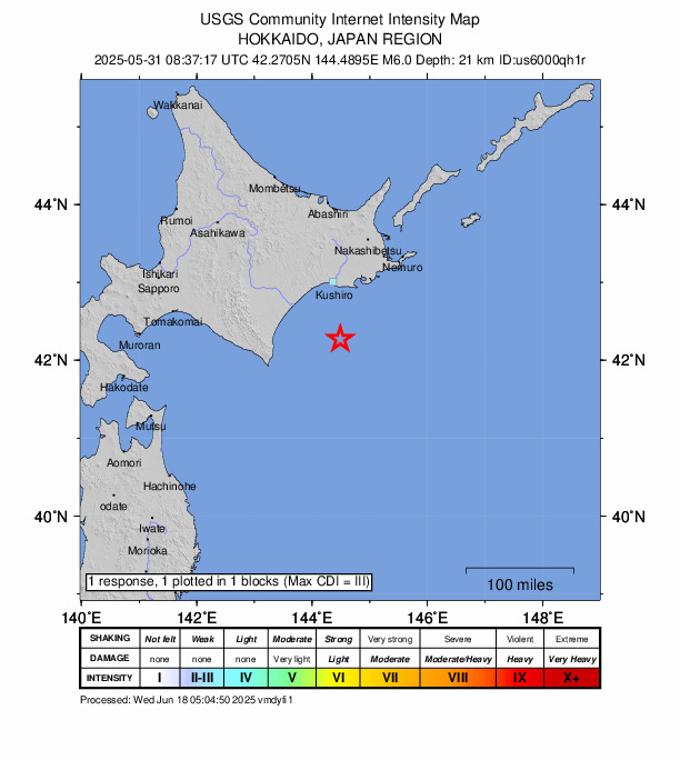 USGS DYFI community-reported intensity map for the M6.0 earthquake near 78 km S of Kushiro, Japan