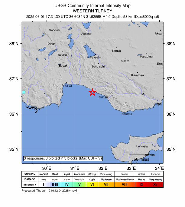 USGS DYFI community-reported intensity map for the M3.8 earthquake near 17 km SSW of Avsallar, Turkey