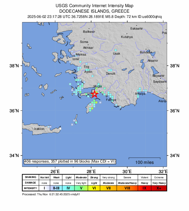 USGS DYFI community-reported intensity map for the M5.8 earthquake near 8 km SSW of İçmeler, Turkey