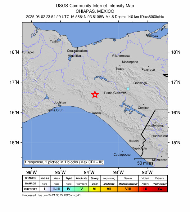 USGS DYFI community-reported intensity map for the M4.6 earthquake near 6 km W of Pomposo Castellanos, Mexico