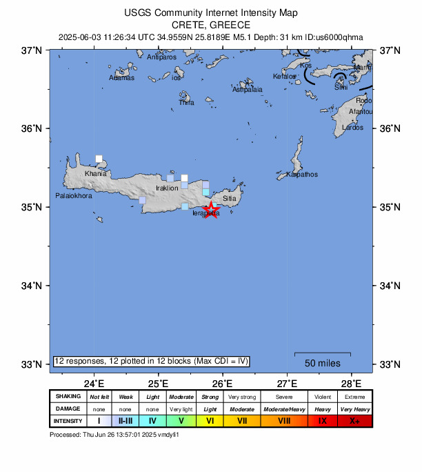 USGS DYFI community-reported intensity map for the M5.1 earthquake near 8 km ESE of Ierápetra, Greece
