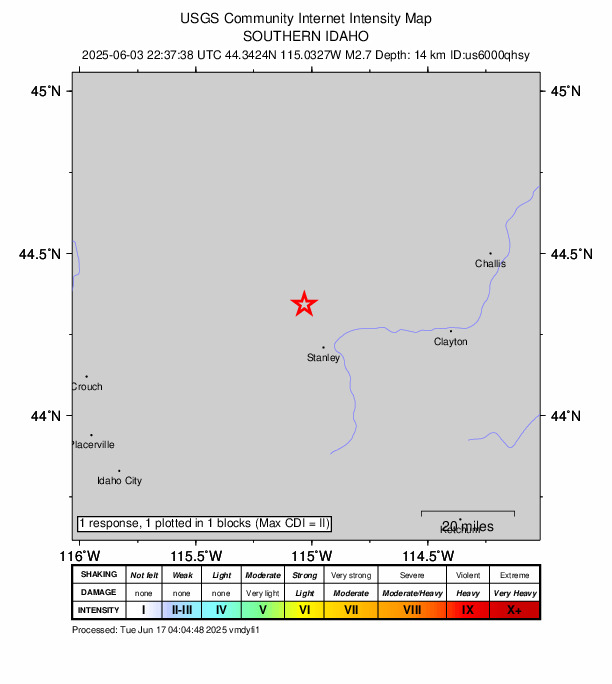 USGS DYFI community-reported intensity map for the M2.7 earthquake near 15 km NNW of Stanley, Idaho