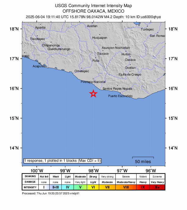 USGS DYFI community-reported intensity map for the M4.2 earthquake near 56 km S of Corralero, Mexico